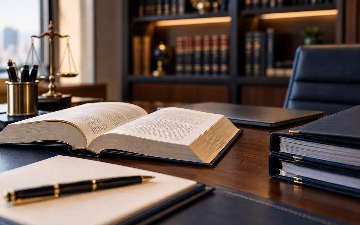 Livro jurídico aberto, pastas de processos e uma balança da justiça na mesa de um escritório de advocacia