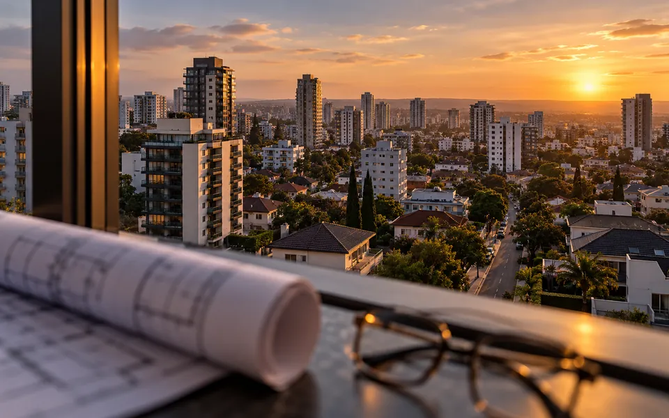 Vista de um bairro residencial ao entardecer, com a planta de um imóvel e óculos no parapeito da janela