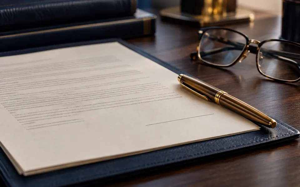 Contrato ainda sem assinatura, com uma caneta dourada e óculos de leitura sobre a mesa